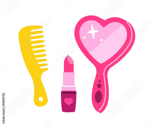 Mirror concept. Yellow comb and pink lipstick. Beauty, elegance and aesthetics. Makeup for girls. Sticker or icon set. Flat vector illustration isolated on white background