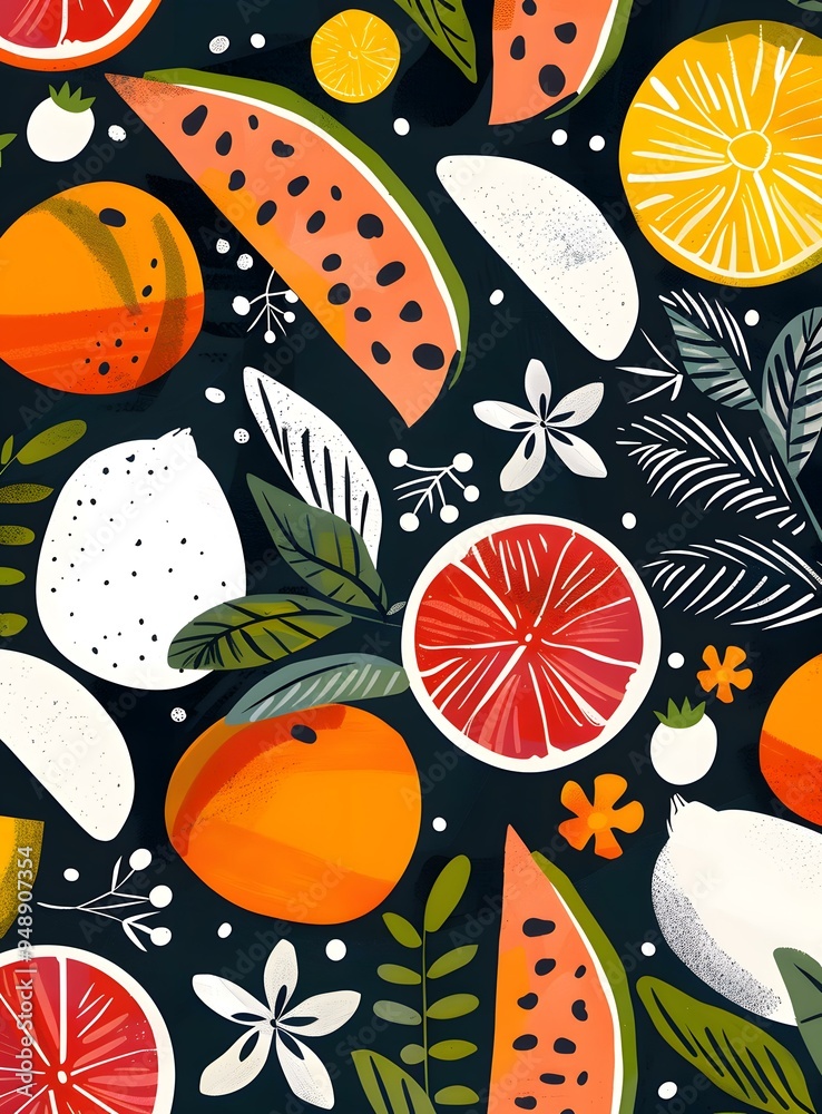 Watermelon Orange Lemon and Flowers Seamless Pattern