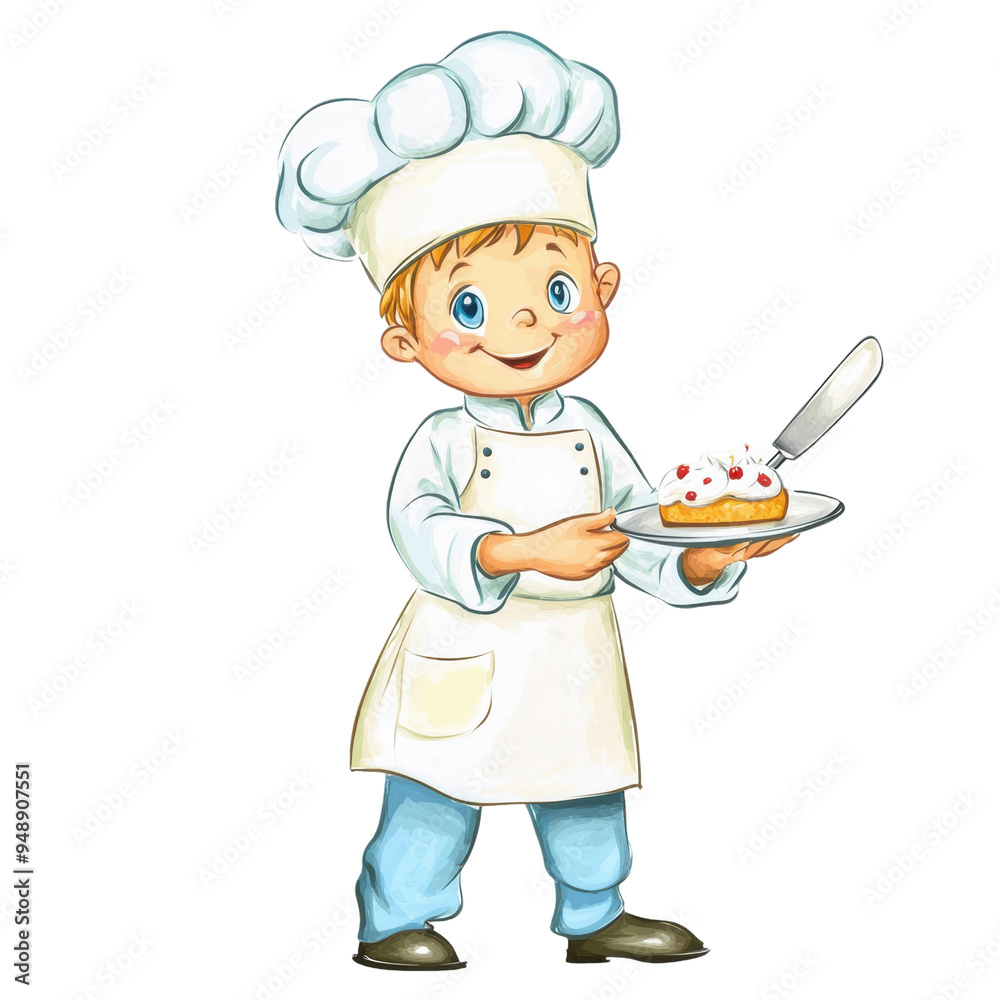 Cute young chef holding a dessert with whipped cream and a smile Cute young chef holding a dessert with whipped cream and a smile