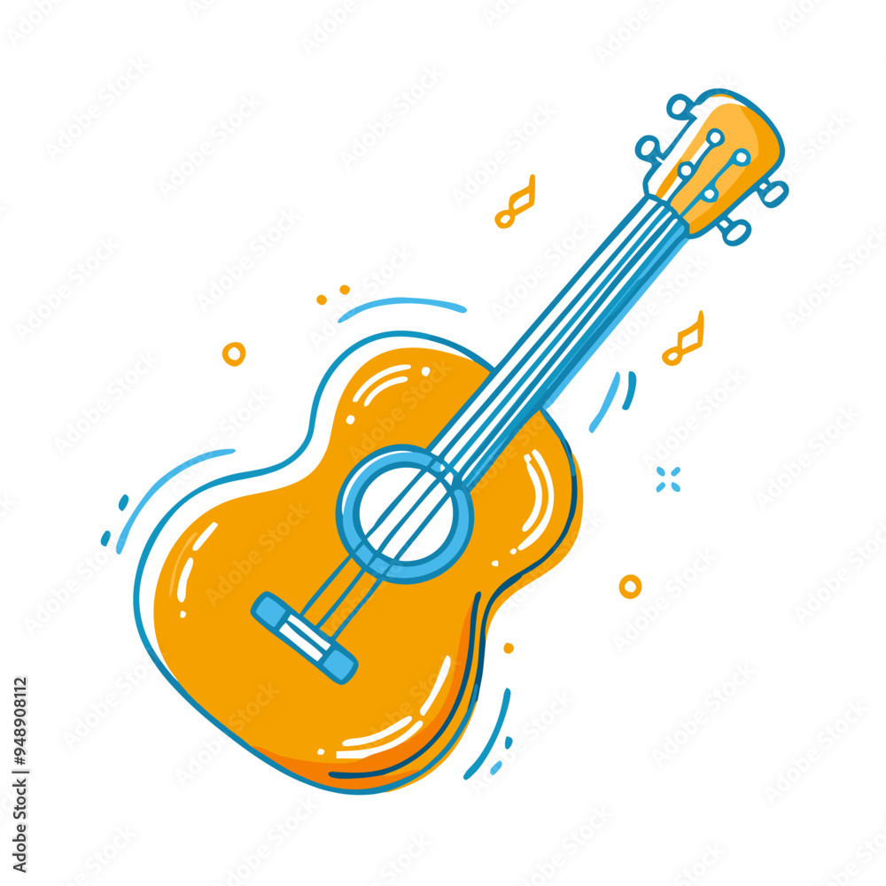 Cartoon illustration of a bright orange acoustic guitar on a white background copy space Cartoon illustration of a bright orange acoustic guitar on a white background copy space