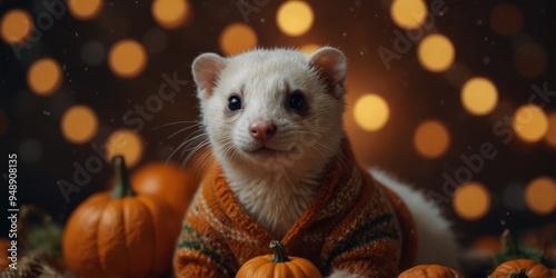 Ferret in a Knitted Sweater With a Festive Pumpkin Background.
