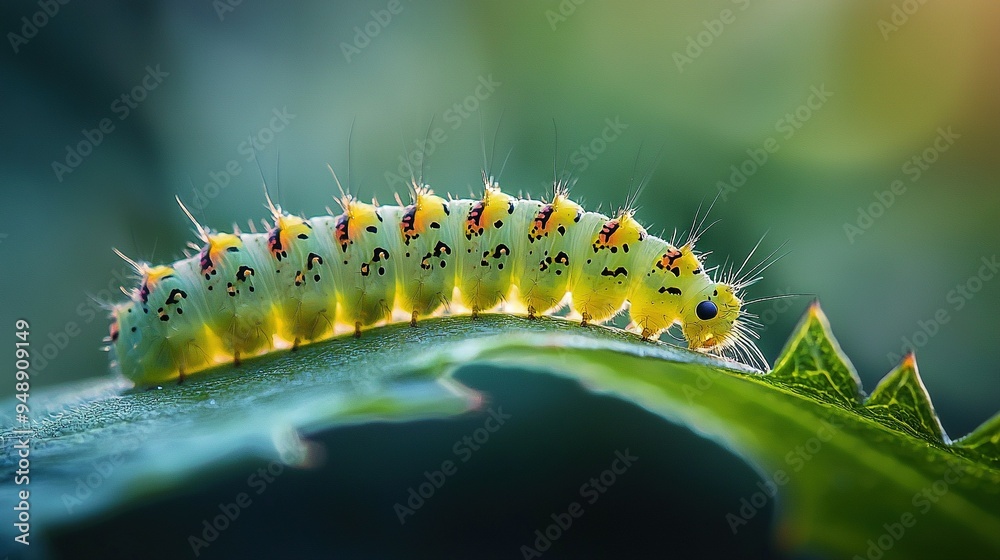 Naklejka premium A close-up photo of a caterpillar resting on a leaf with other caterpillars on its back