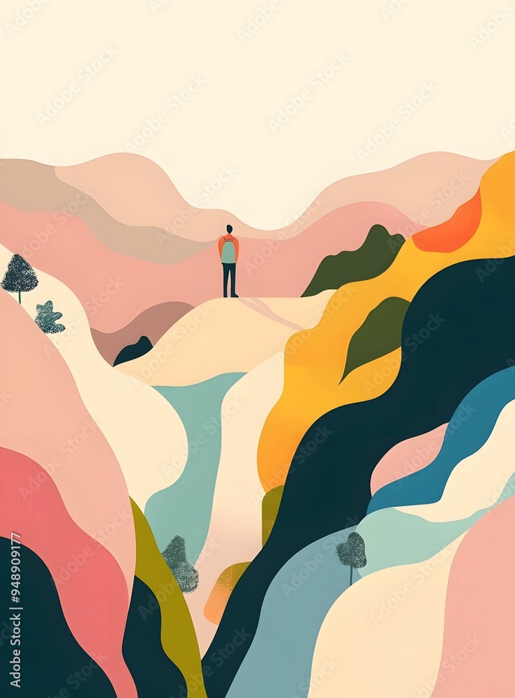 Fototapeta premium Minimalist Abstract Illustration of a Man Standing on a Mountaintop