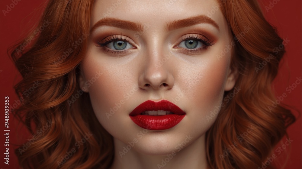 Red head with red lipstick and eye shadow on a red background. Red head with red lipstick and eye shadow on a red background.