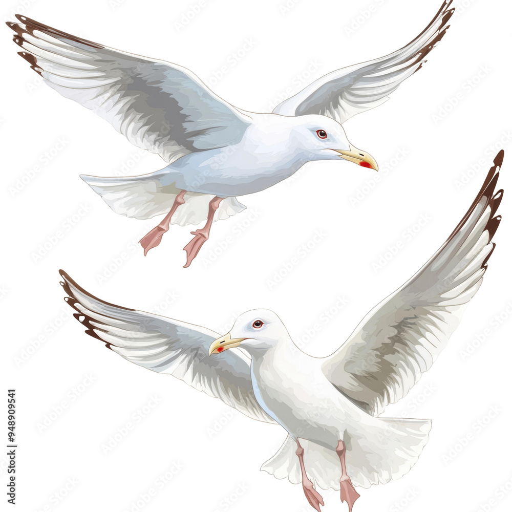 Two seagulls flying gracefully in the sky with spread wings