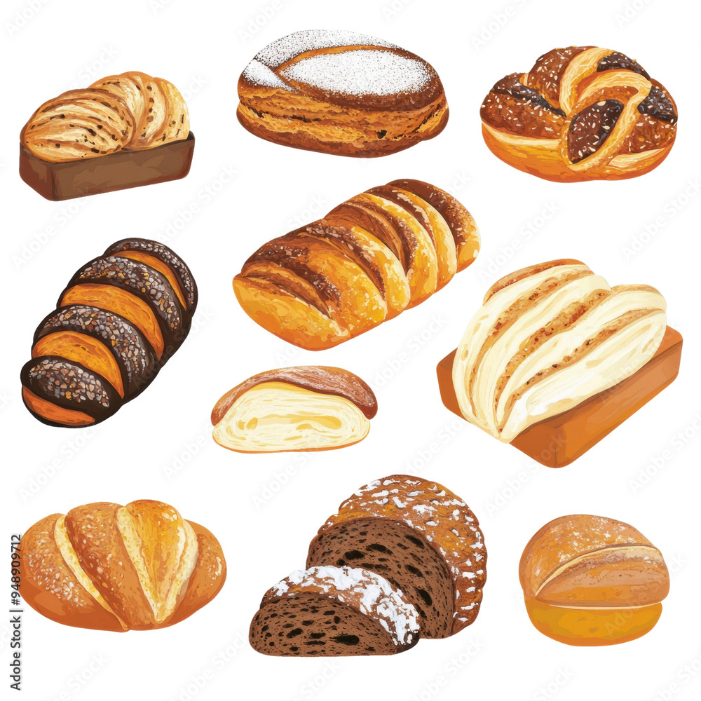 Variety of delicious baked breads and pastries on a transparent background Variety of delicious baked breads and pastries on a transparent background