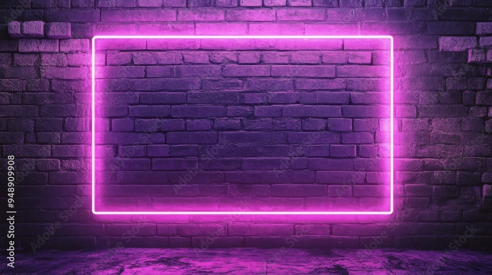 Neon light frame on brick wall. Neon light frame on brick wall.