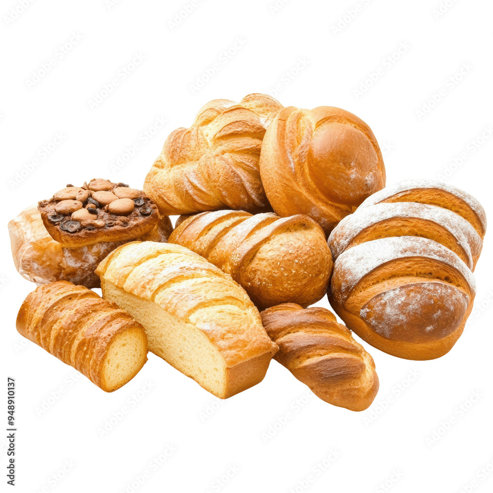 Assorted fresh baked bread and pastries arranged on a transparent background Assorted fresh baked bread and pastries arranged on a transparent background