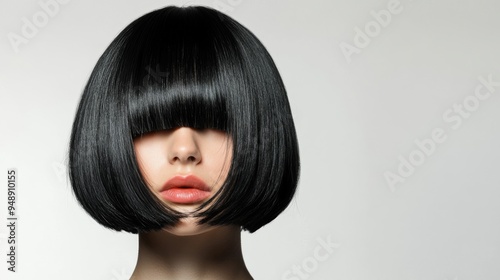 Woman with Short Black Hair Covering Eyes.