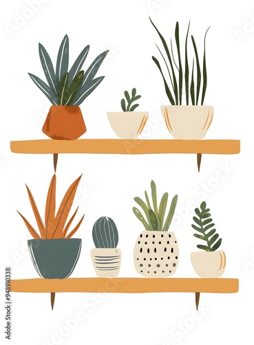 Colorful Potted Plants on Wooden Shelves Illustration