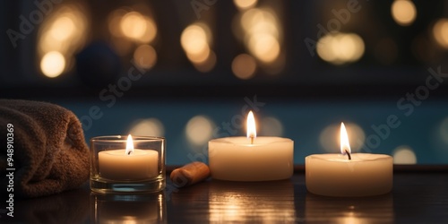 Serene luxury spa with candlelight tranquil pool.