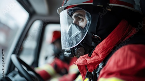 A focused firefighter wearing a red protective uniform and helmet, equipped with a face shield, sits in the front of an emergency vehicle, depicted with high level of readiness. photo