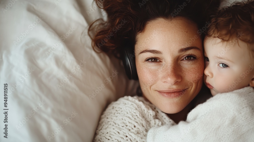 A mother and her baby cuddle in bed. The mother is wearing headphones and smiling at the camera while the baby looks curious and cozy next to her. Tender moment captured. A mother and her baby cuddle in bed. The mother is wearing headphones and smiling at the camera while the baby looks curious and cozy next to her. Tender moment captured.