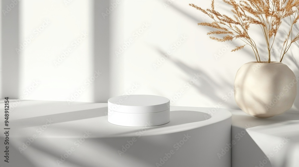 White Cylinder Podium with Dried Grass.