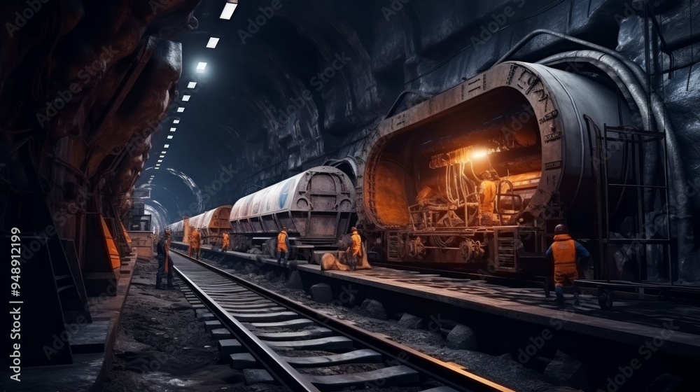 Naklejka premium Working on the tunnel. Tunnel construction site in progress. Neural network ai generated art