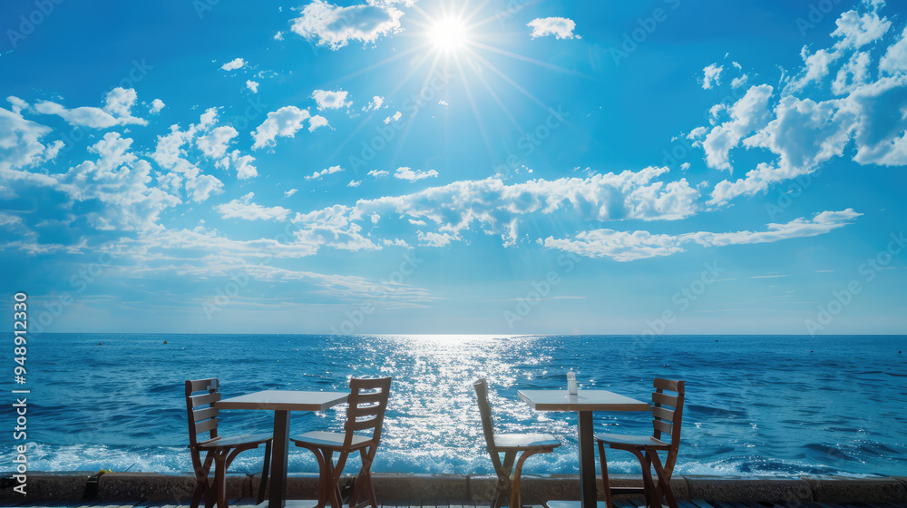 sunrise, light is reflection, bay, view from the boardwalk of the coast with seatings blue sky and blue ocean background sunrise, light is reflection, bay, view from the boardwalk of the coast with seatings blue sky and blue ocean background