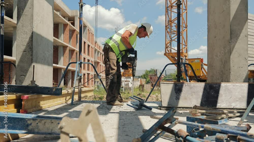Construction Worker Using Power Tool on Site. A construction worker operates a power tool while working on an outdoor construction site.