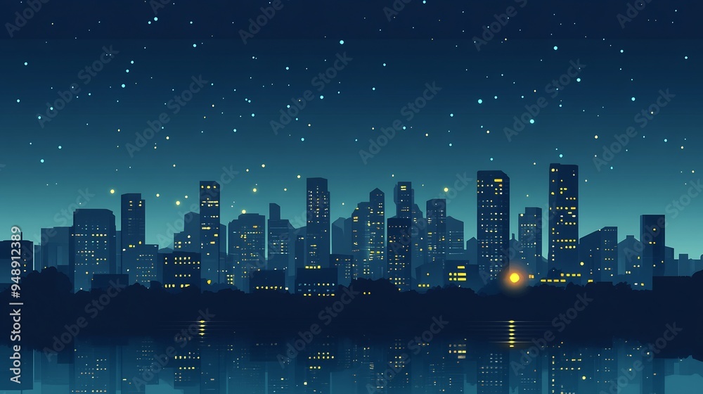 Clean and simple illustration of a city skyline at night with only a few lights illuminated Clean and simple illustration of a city skyline at night with only a few lights illuminated