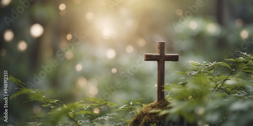 Serene cross amidst gentle foliage on a tranquil day.