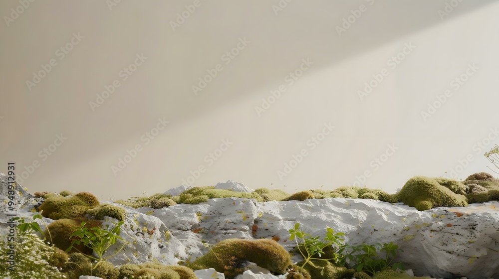 Closeup of Mossy Rocks Against a Beige Wall Closeup of Mossy Rocks Against a Beige Wall