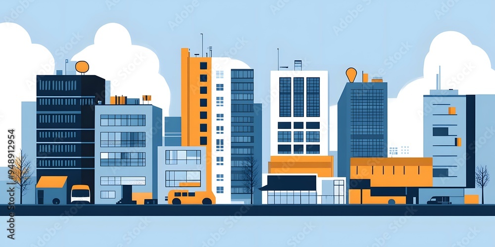 Modern Cityscape Illustration with Buildings, Clouds, and Buses Modern Cityscape Illustration with Buildings, Clouds, and Buses