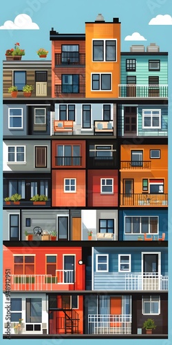 Colorful Row Houses with Balconies and Windows