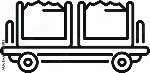 Simple vector illustration of a mining cart carrying coal moving on rails on a white background