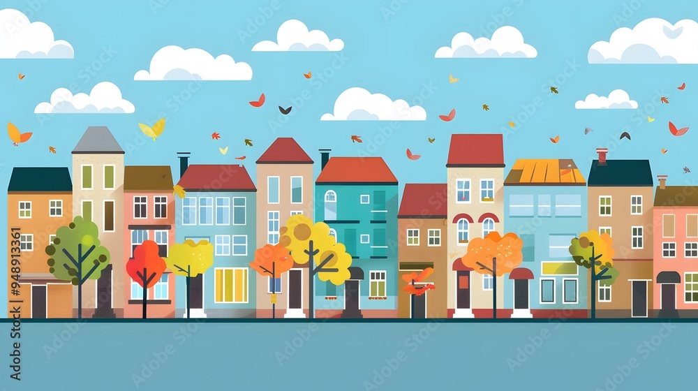 Autumn Cityscape with Colorful Houses and Trees Autumn Cityscape with Colorful Houses and Trees