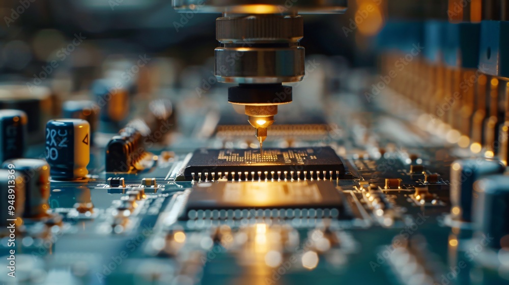 Macro of microchip on circuit board in electronics manufacturing
Macro of microchip on circuit board in electronics manufacturing