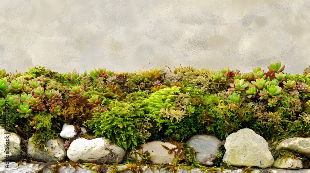 Green Moss and Succulents Growing on a Stone Wall Green Moss and Succulents Growing on a Stone Wall