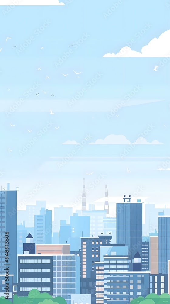 Skyline View of City with Buildings and Birds Skyline View of City with Buildings and Birds