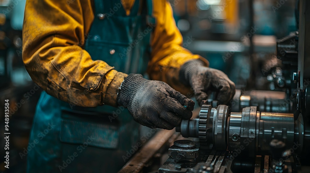 Industrial Worker in Gloves Assembling Metal Parts Industrial Worker in Gloves Assembling Metal Parts