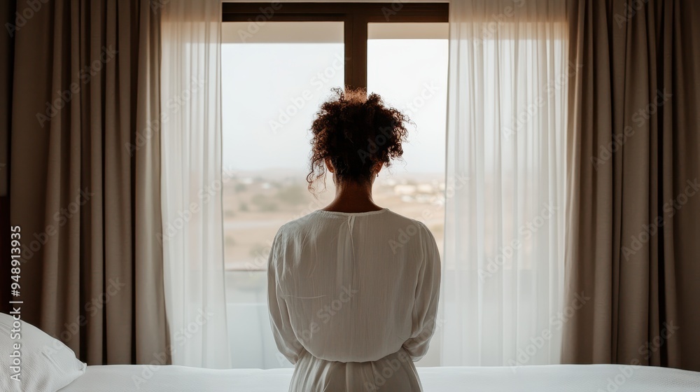 This image captures the back view of a person looking outside from a dimly lit bedroom, creating a sense of introspection and contemplation with soft lighting and sheer curtains. This image captures the back view of a person looking outside from a dimly lit bedroom, creating a sense of introspection and contemplation with soft lighting and sheer curtains.