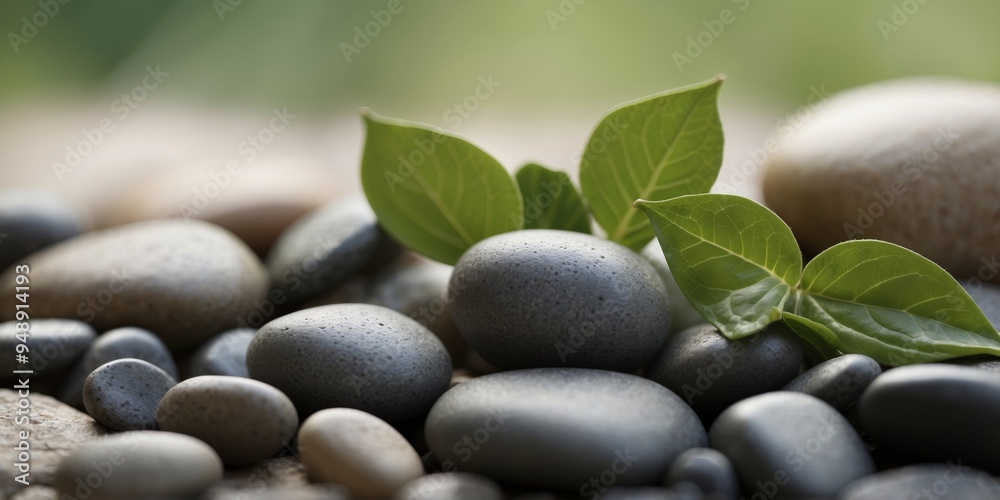 Serene green spa concept with stones and leaves. Serene green spa concept with stones and leaves.