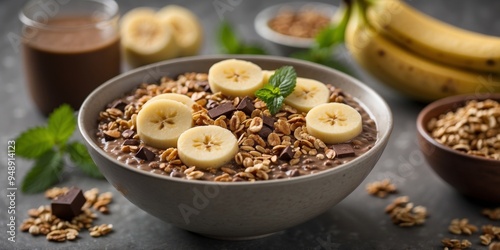 Refreshing banana chocolate smoothie bowl with granola and mint.