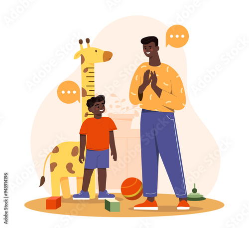 Child body measurement. Father with son in children room. Preschool kid growth process. Height and anthropometric data. Flat vector illustration isolated on white background