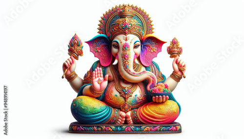 colorful indian hindu religion god ganesh or ganesha idol for offering prayers during hindu festival Ganesh chathurthi,wedding,hindu ceremony,opening ceremony,good luck, invitation,white background