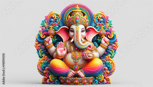 colorful indian hindu religion god ganesh or ganesha idol for offering prayers during hindu festival Ganesh chathurthi,wedding,hindu ceremony,opening ceremony,good luck, invitation,white background