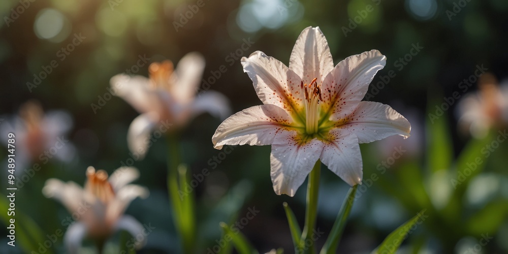 Serene beauty of a blooming lily in a tranquil garden. Serene beauty of a blooming lily in a tranquil garden.