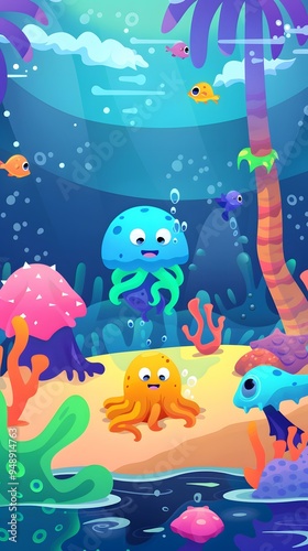 Cute Cartoon Underwater Sea Life Illustration