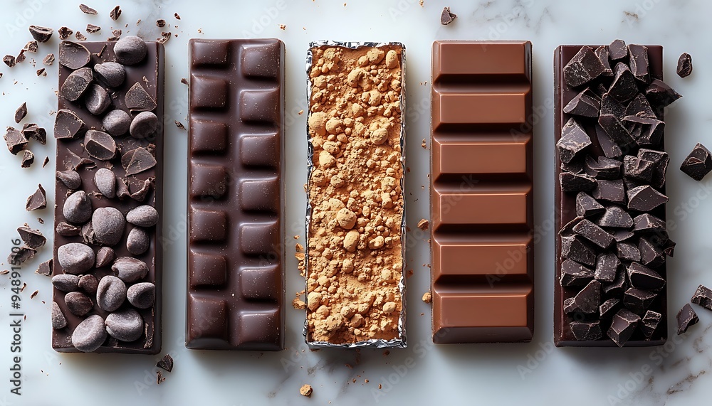 Obraz premium Four chocolate bars with various toppings, displayed on a white marble background.