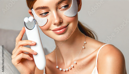 Woman using a facial roller while wearing under-eye patches. photo
