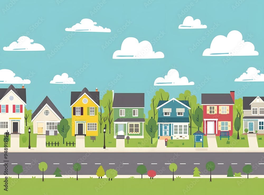 Cute Cartoon Illustration of Suburban Houses and Street Cute Cartoon Illustration of Suburban Houses and Street