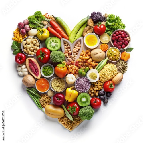 Colorful heart shape made of assorted foods arranged on a standard scale display. Generative AI photo