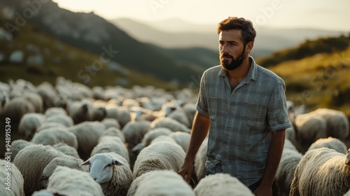 A portly bearded man stands in a mountainous terrain sheep farm, surrounded by numerous sheep during dusk showing a serene atmosphere and deep connection with pastoral life.