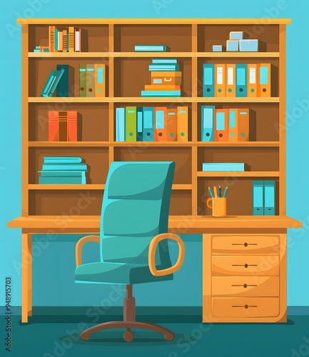 Cartoon Illustration of a Modern Office Workplace with Desk, Chair and Bookshelf