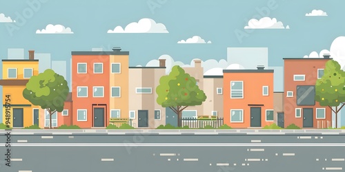 Cartoon Illustration of a City Street with Buildings and Trees