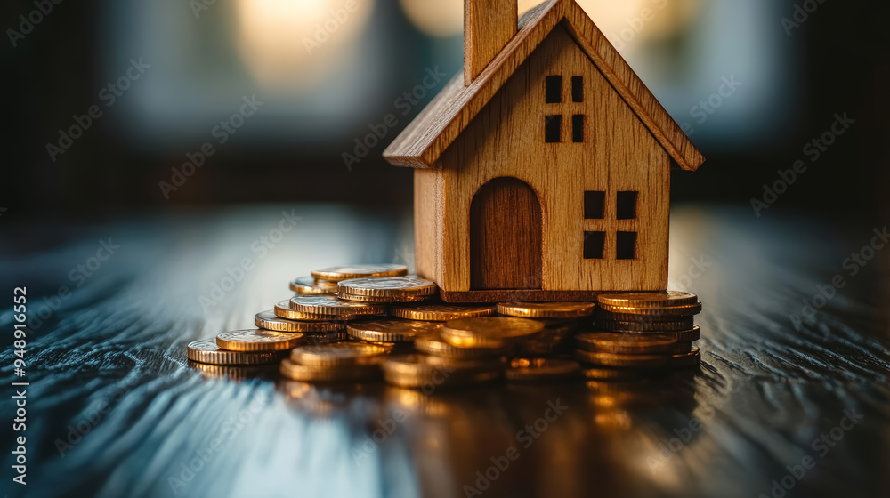 A miniature wooden house standing on stacks of coins. Concept of property investment, income and passive income. A miniature wooden house standing on stacks of coins. Concept of property investment, income and passive income.