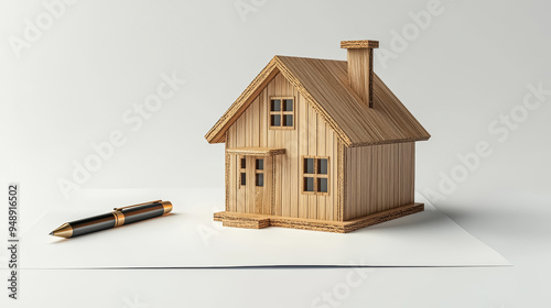 Sheet of paper under a small wooden house model and a pen on the table. Concept of real estate transactions and home purchases. 