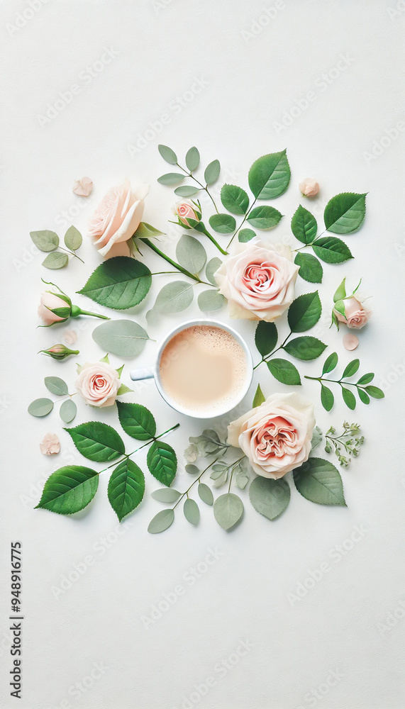 Morning coffee surrounded by delicate blossoms and fresh greenery Morning coffee surrounded by delicate blossoms and fresh greenery